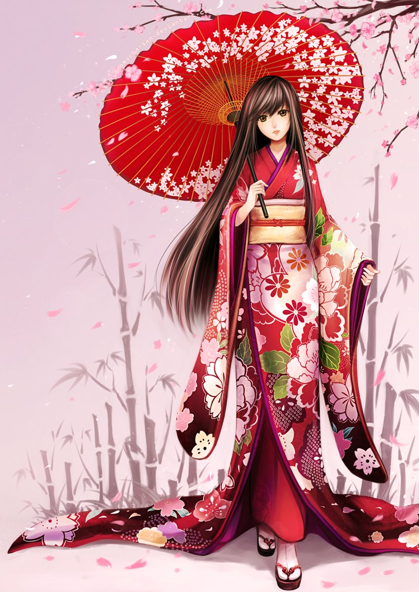 Японский стиль - бамбук, весна, зонтик, японка, девушка, кимоно, сакура - оригинал