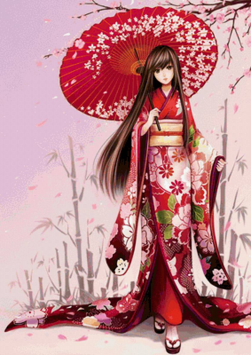 Японский стиль - японка, сакура, бамбук, зонтик, весна, девушка, кимоно - предпросмотр