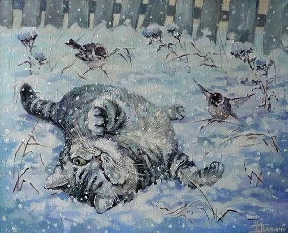 Забияка - зима, кот, птицы - оригинал