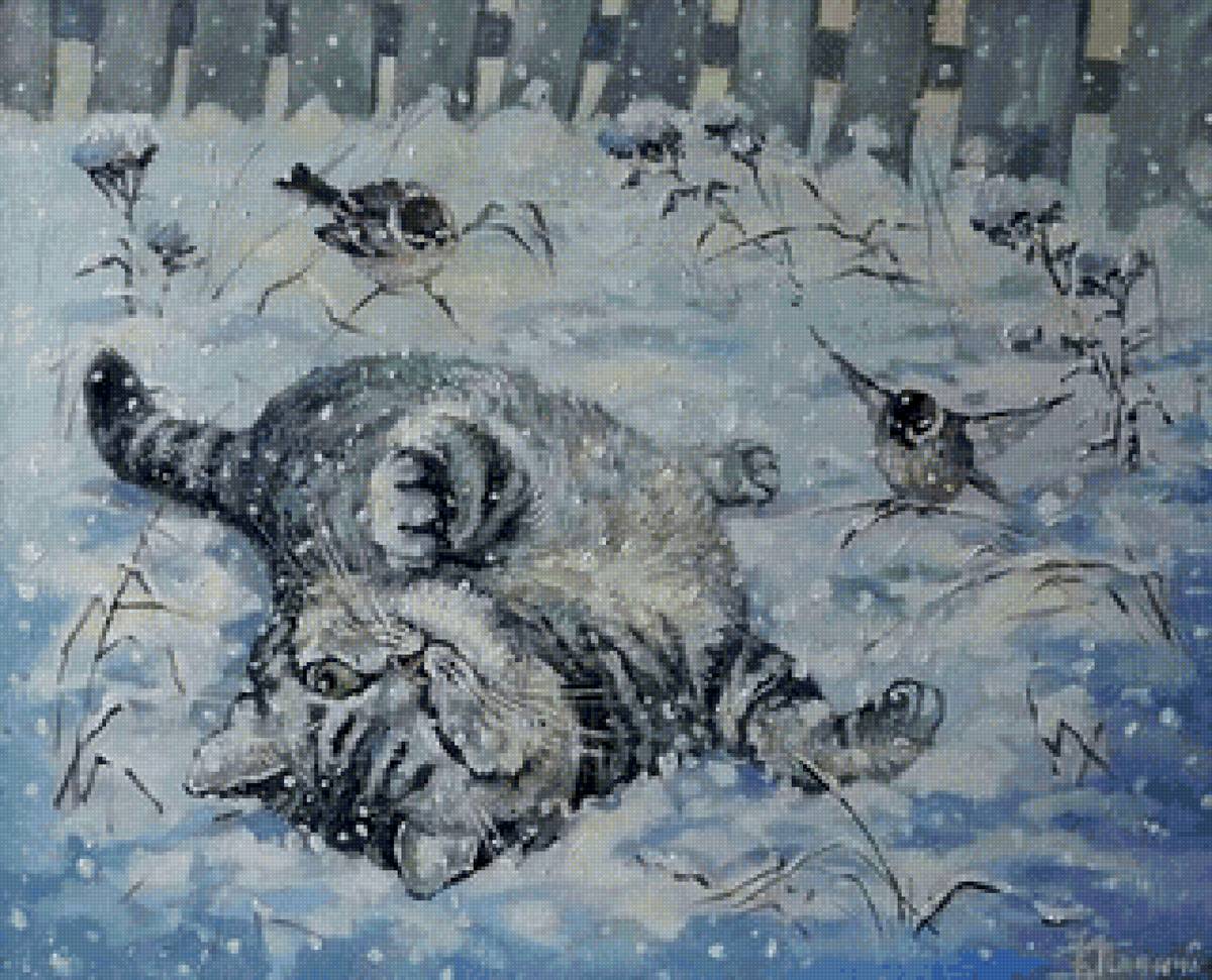 Забияка - кот, птицы, зима - предпросмотр