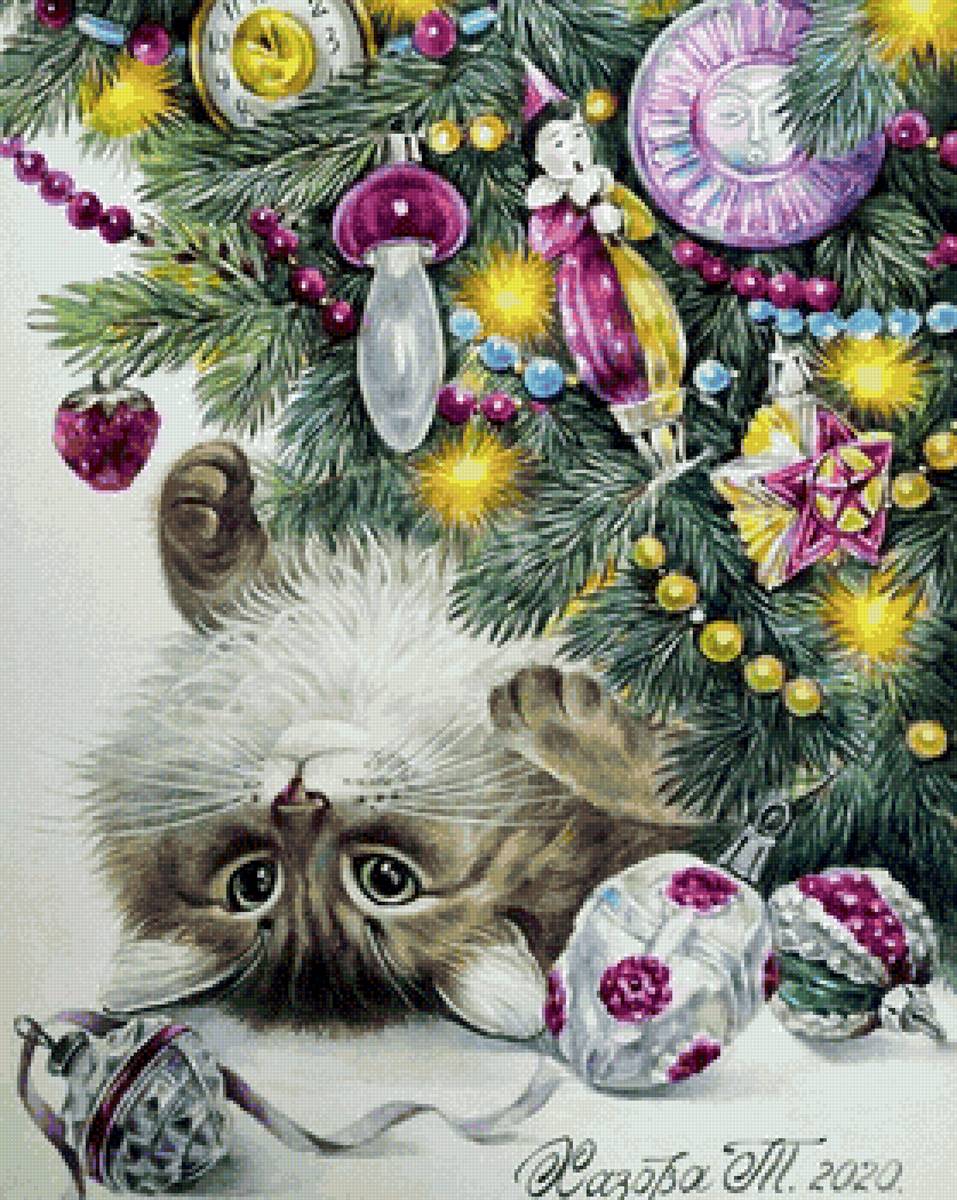 Новогодняя елка - елка, кот, игрушки - предпросмотр