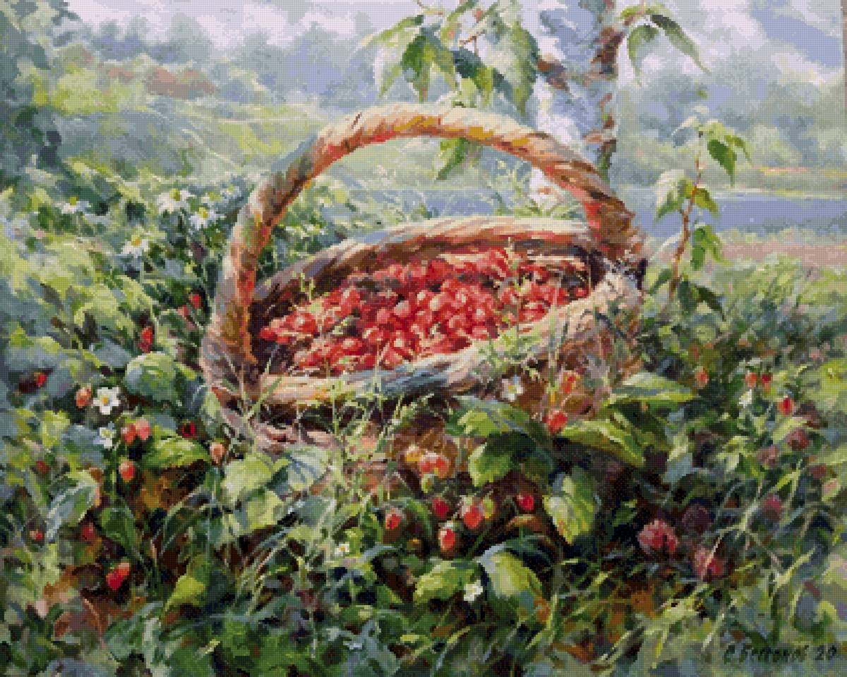 Летняя пора - лето, корзина, лес, земляника, ягоды - предпросмотр