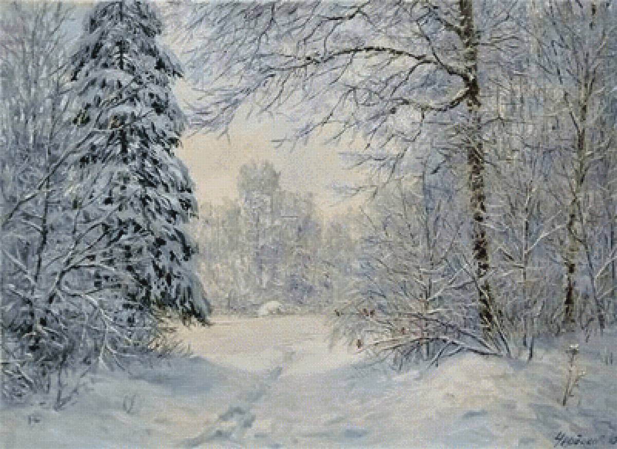 Зимний пейзаж - снег, пейзаж, живопись, лес, зима - предпросмотр