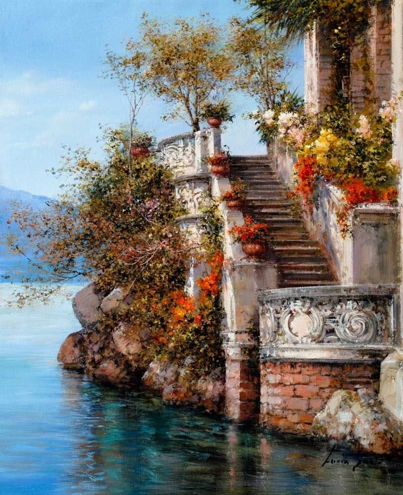 Старый дворец - цветы, озеро, красота, лестница - оригинал
