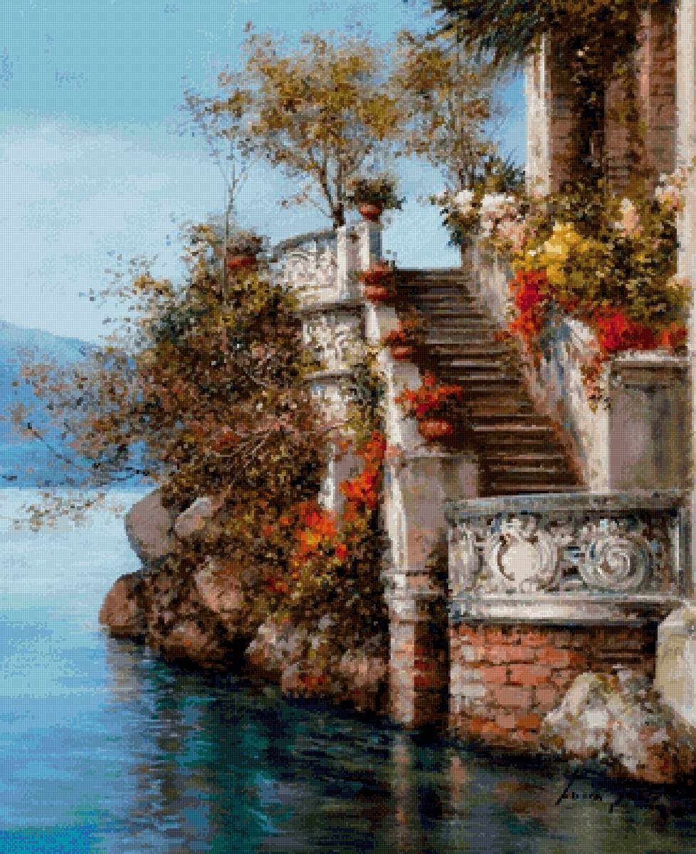 Старый дворец - красота, цветы, озеро, лестница - предпросмотр