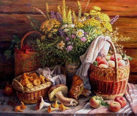Елена Шумакова. Дары лета. - грибы, цветы, натюрморт, яблоки, деревня - оригинал