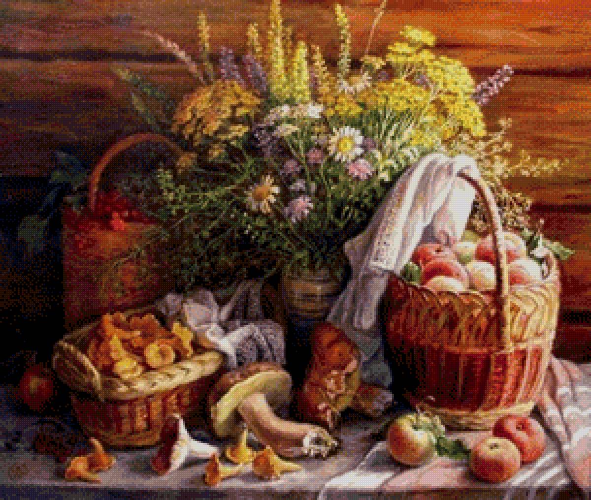 Елена Шумакова. Дары лета. - деревня, яблоки, грибы, натюрморт, цветы - предпросмотр