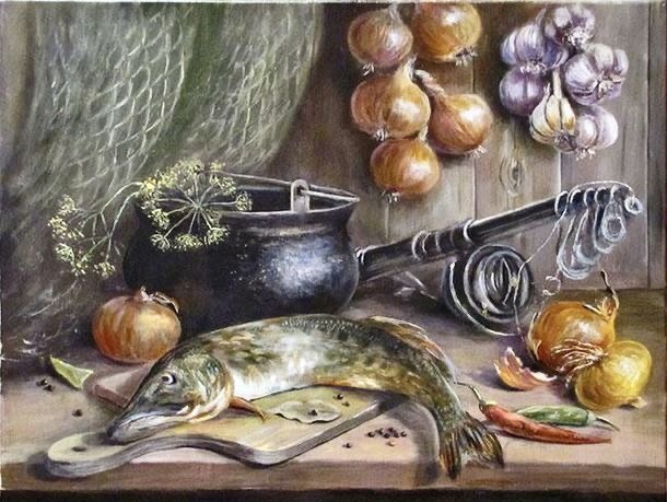 Ольга Воробьёва. Один день Ивана Ивановича. - натюрморт, еда, обед, кухня, деревня, рыба, рыбалка, улов - оригинал