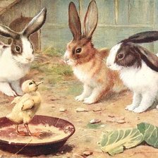 Американская Пасхальная открытка. Кролики и утёнок.