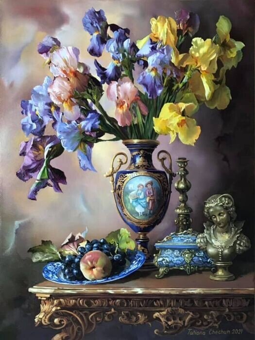 Букет ирисов - ирисы, цветы, букет, ваза, фарфор - оригинал