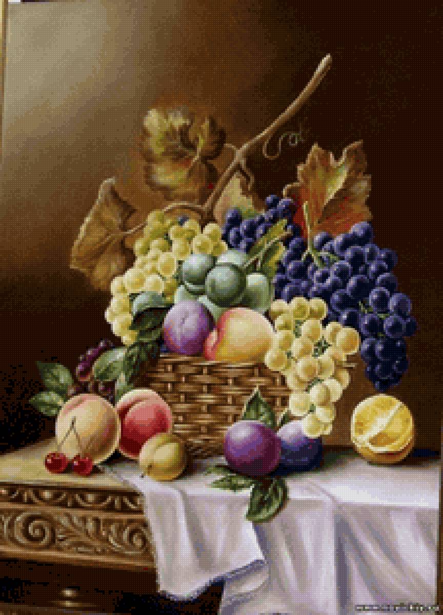 Фруктовый натюрморт - виноград, яблоки, персик - предпросмотр