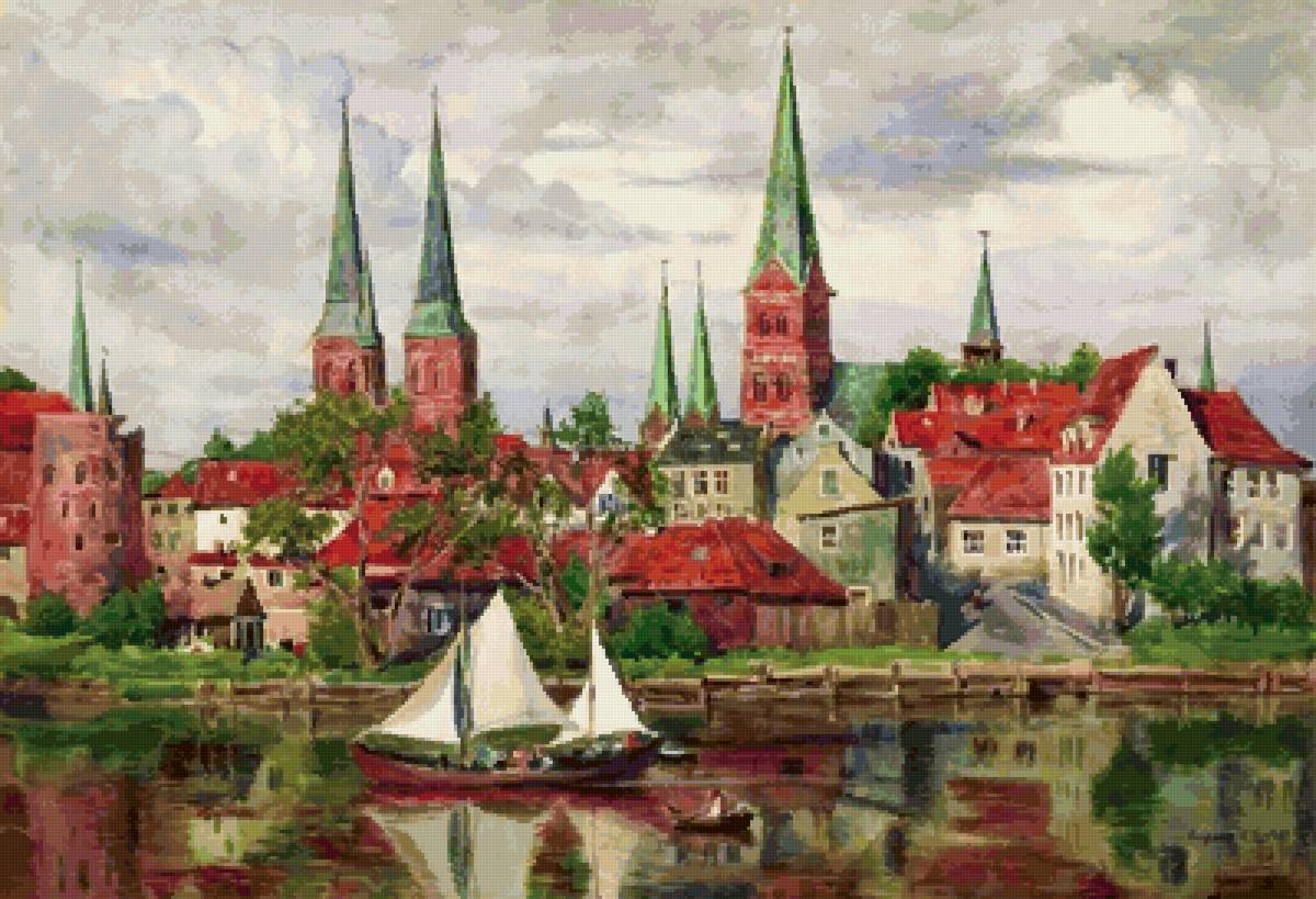 Старый город - река, дома, город - предпросмотр