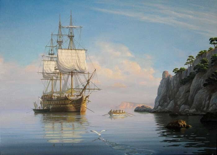 Парусник - штиль, берег, море, корабль - оригинал