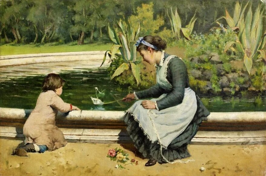 Кораблик - пруд, девушка, солнечный день, мальчик - оригинал