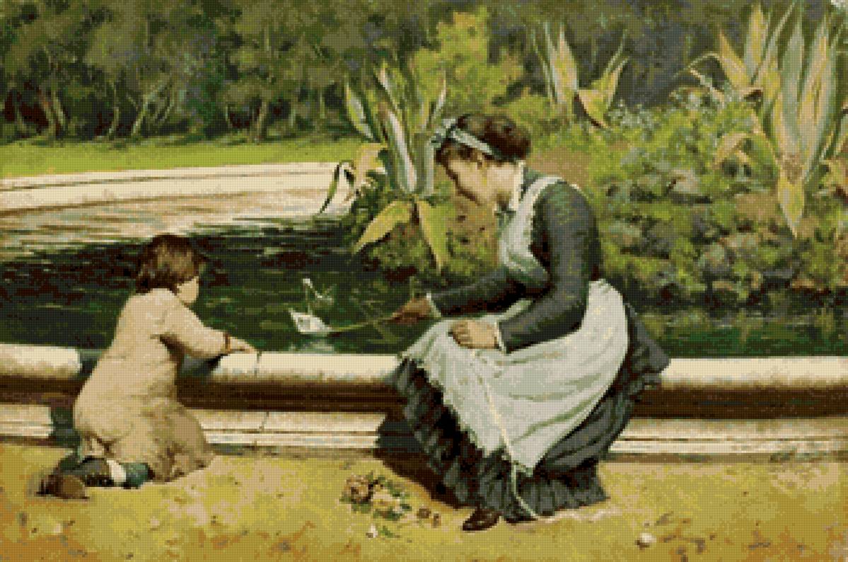 Кораблик - девушка, пруд, солнечный день, мальчик - предпросмотр