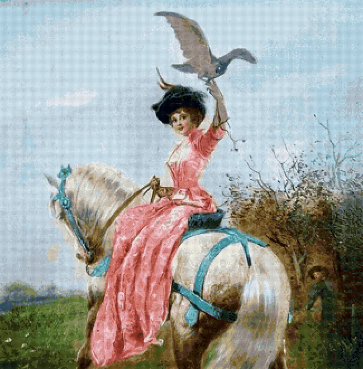 Прекрасная охотница - сокол, девушка, лошадь - предпросмотр