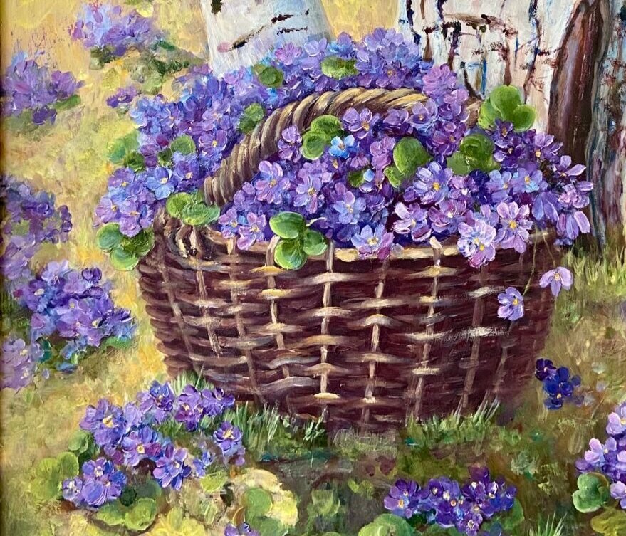 Лесные фиалки - цветы, лес, корзина - оригинал