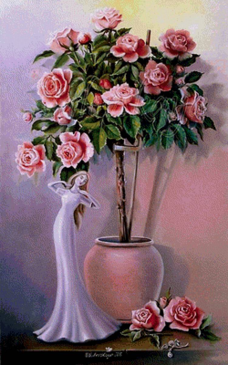 Розовое дерево - статуэтка, розы, горшок - предпросмотр
