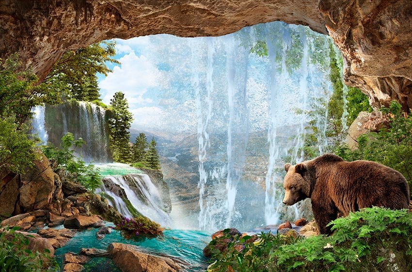 Горный водопад - медведь, горы, водопад - оригинал
