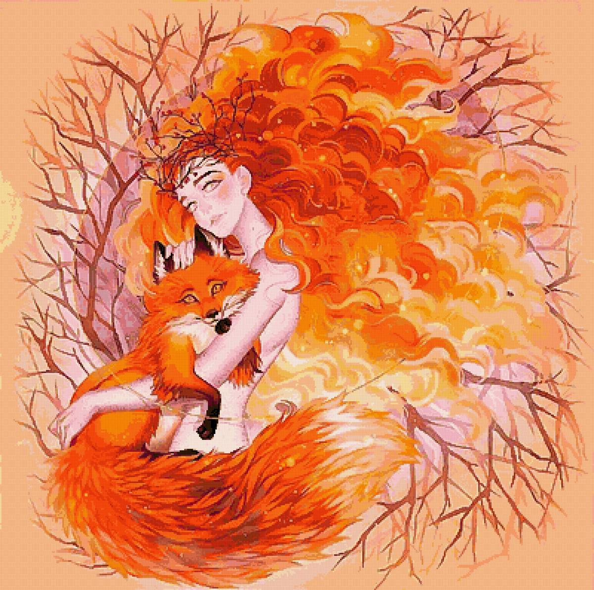 Девушка и лиса - лиса, девушка, оранжевый - предпросмотр