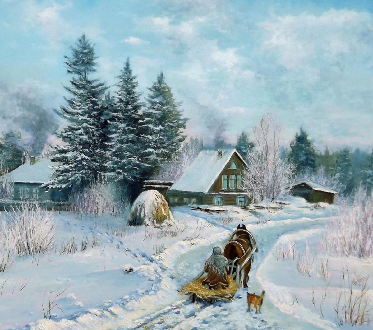 Зимний день - деревня, мороз, дорога, зима, дома, сани - оригинал