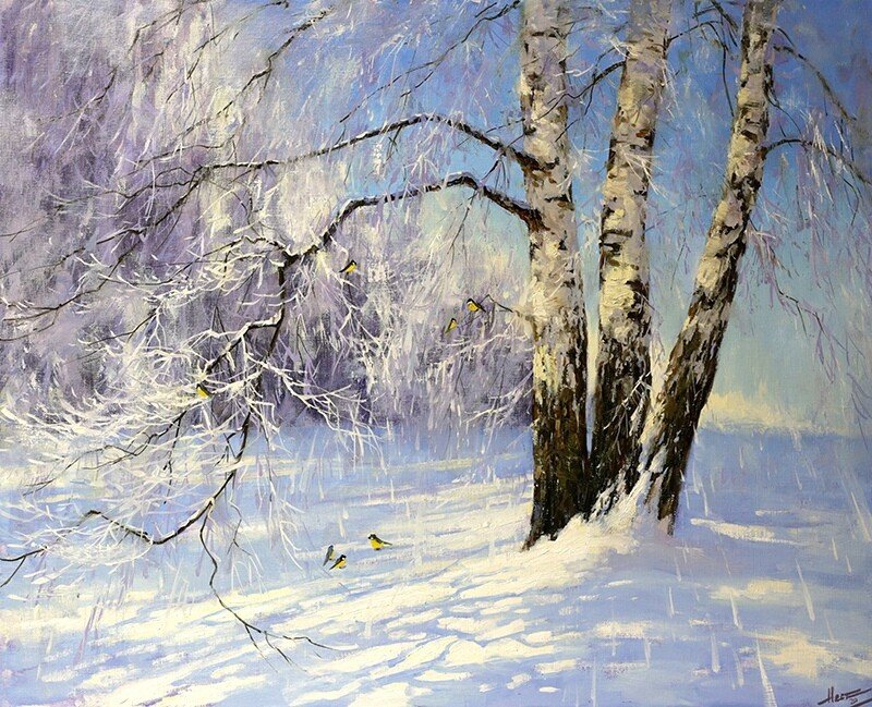 Морозное утро - мороз, снег, березы, солнце, иней - оригинал