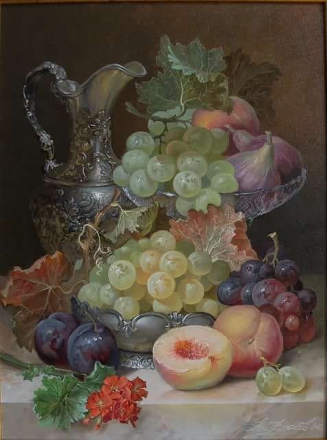 Фруктовый натюрморт - яблоки, персик, виноград - оригинал