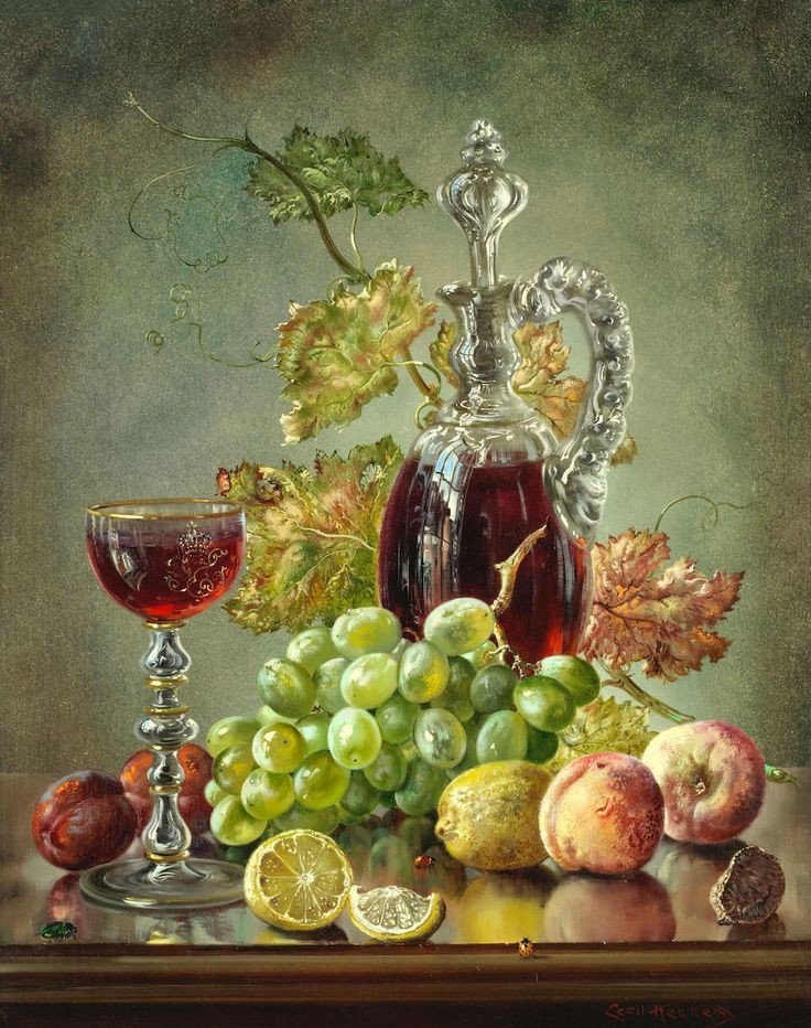 Натюрморт - вино, персик, виноград - оригинал