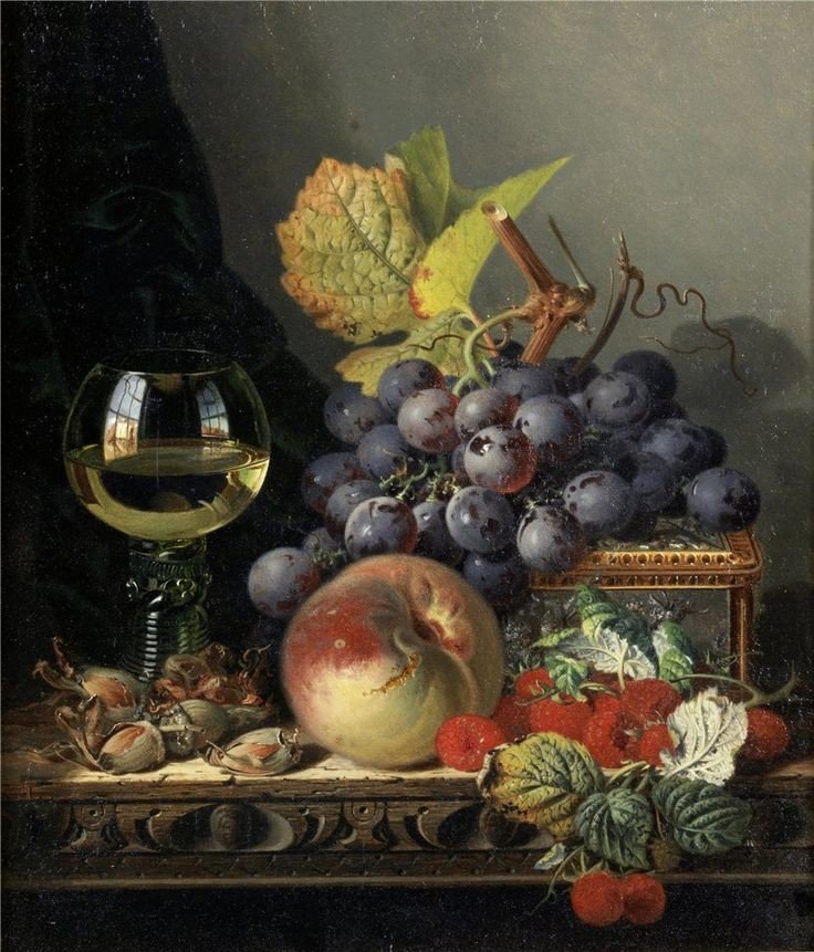 Натюрморт - вино, виноград, яблоки, персик - оригинал