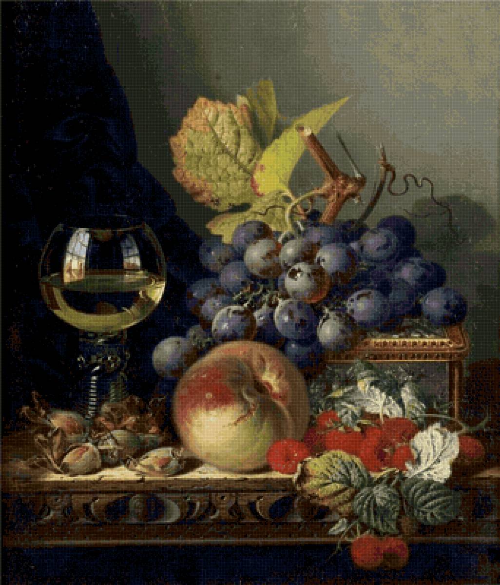 Натюрморт - виноград, вино, персик, яблоки - предпросмотр