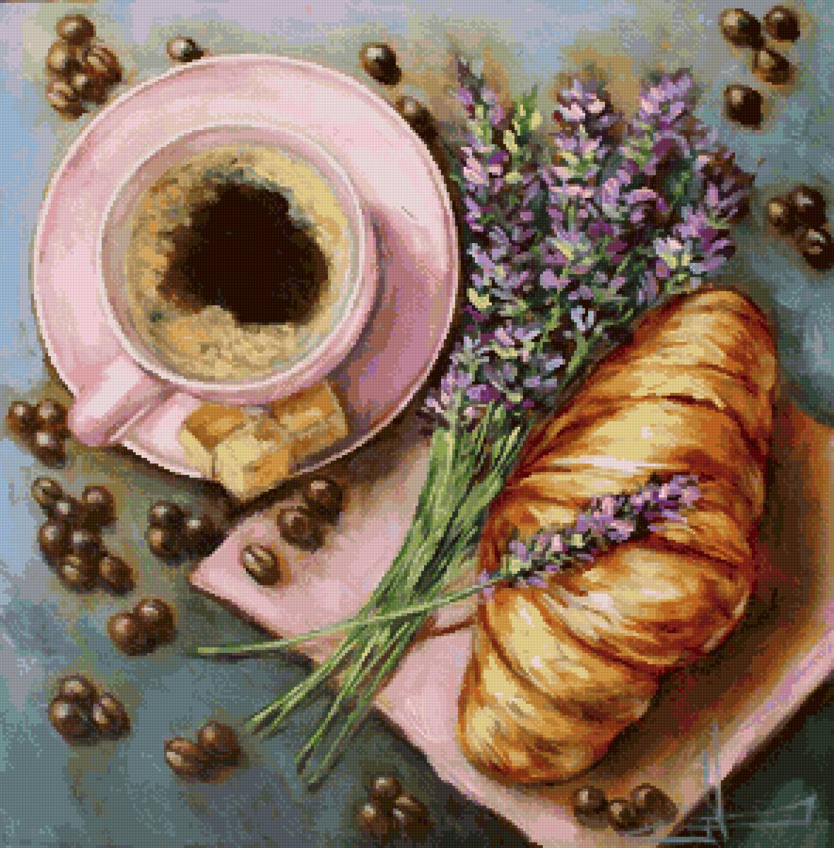 Аромат прованса - завтрак, лаванда, круассан, кофе - предпросмотр