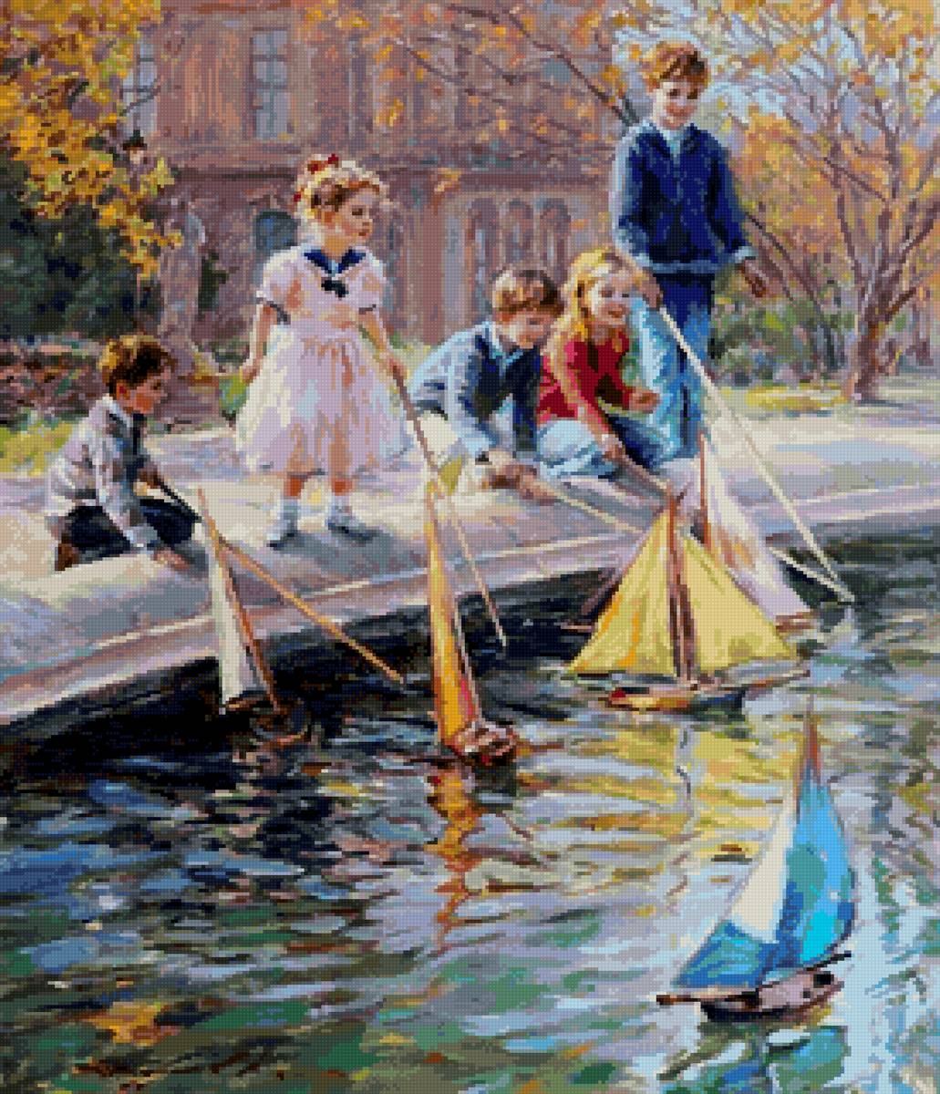 Кораблики - кораблики, осень, игра, дети, фонтан, город - предпросмотр