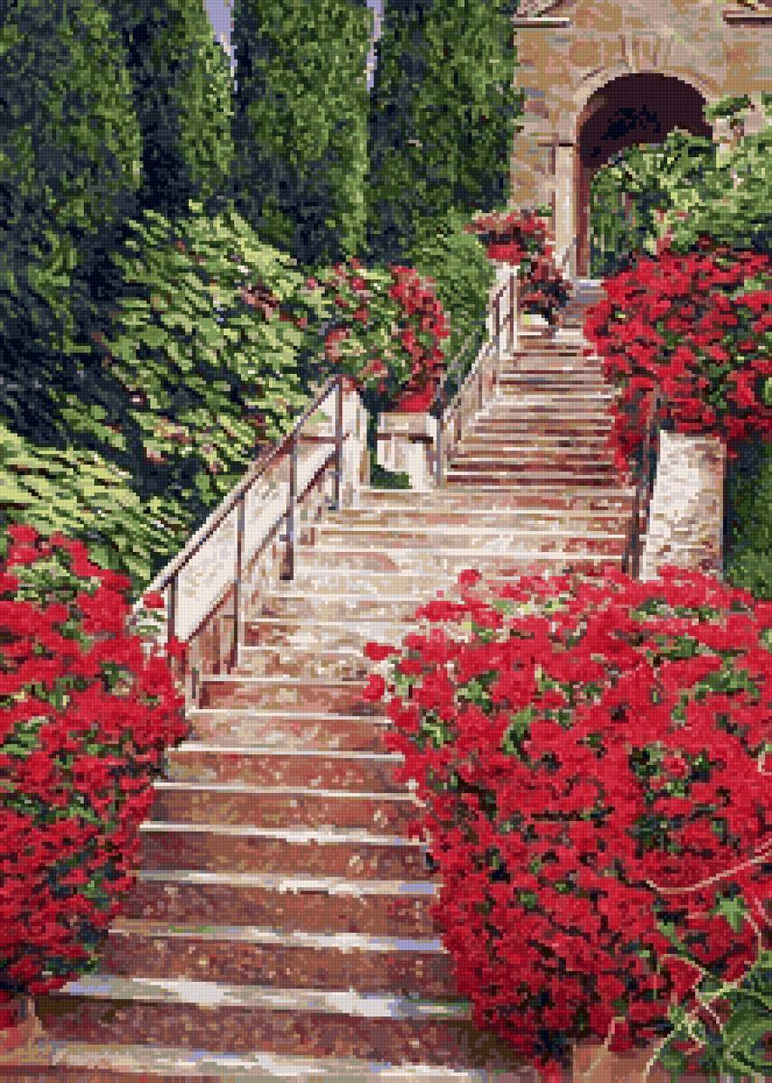 Старая лестница - цветы, деревья, ворота, лето, лестница - предпросмотр