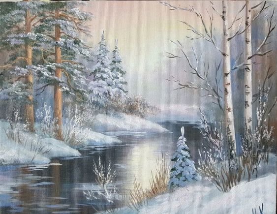 Зимняя речка - зима, живопись, река, пейзаж - оригинал