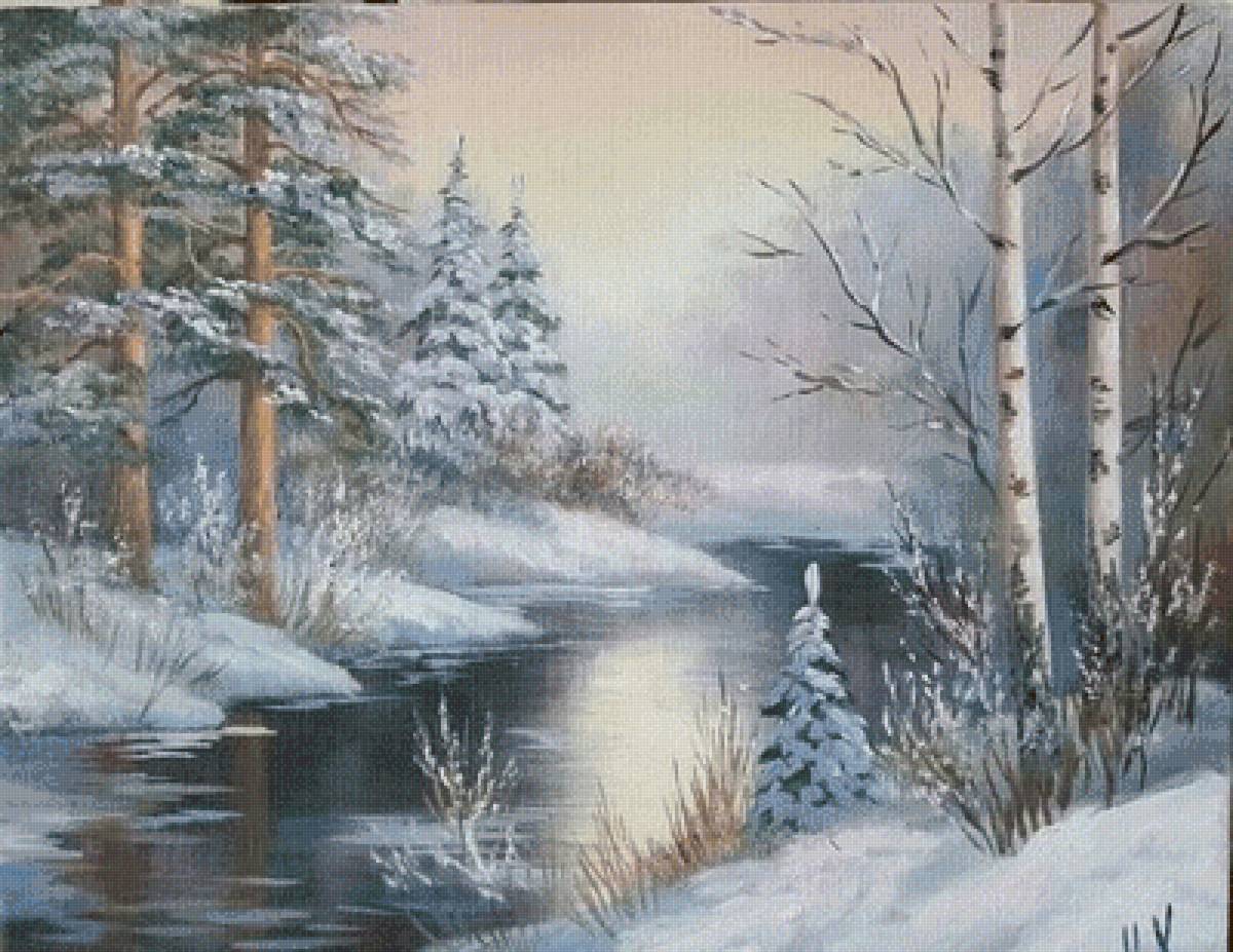Зимняя речка - пейзаж, река, живопись, зима - предпросмотр