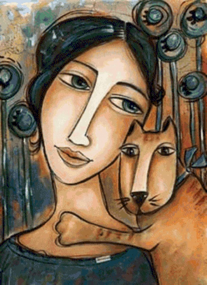 картина - кот, примитив, девушка - предпросмотр