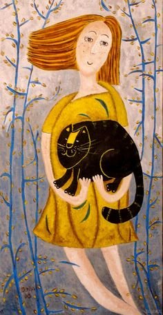 картина - девушка, примитив, кот - оригинал