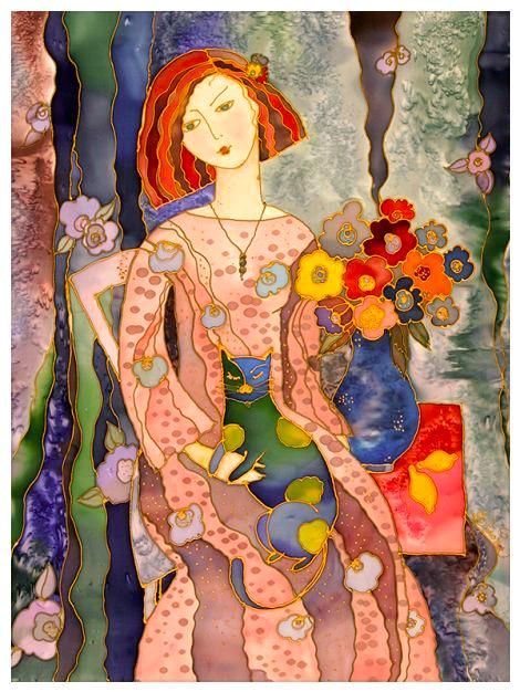 картина - цветы, примитив, кот, девушка - оригинал