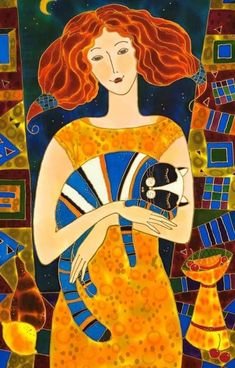 картина - девушка, примитив, кот - оригинал