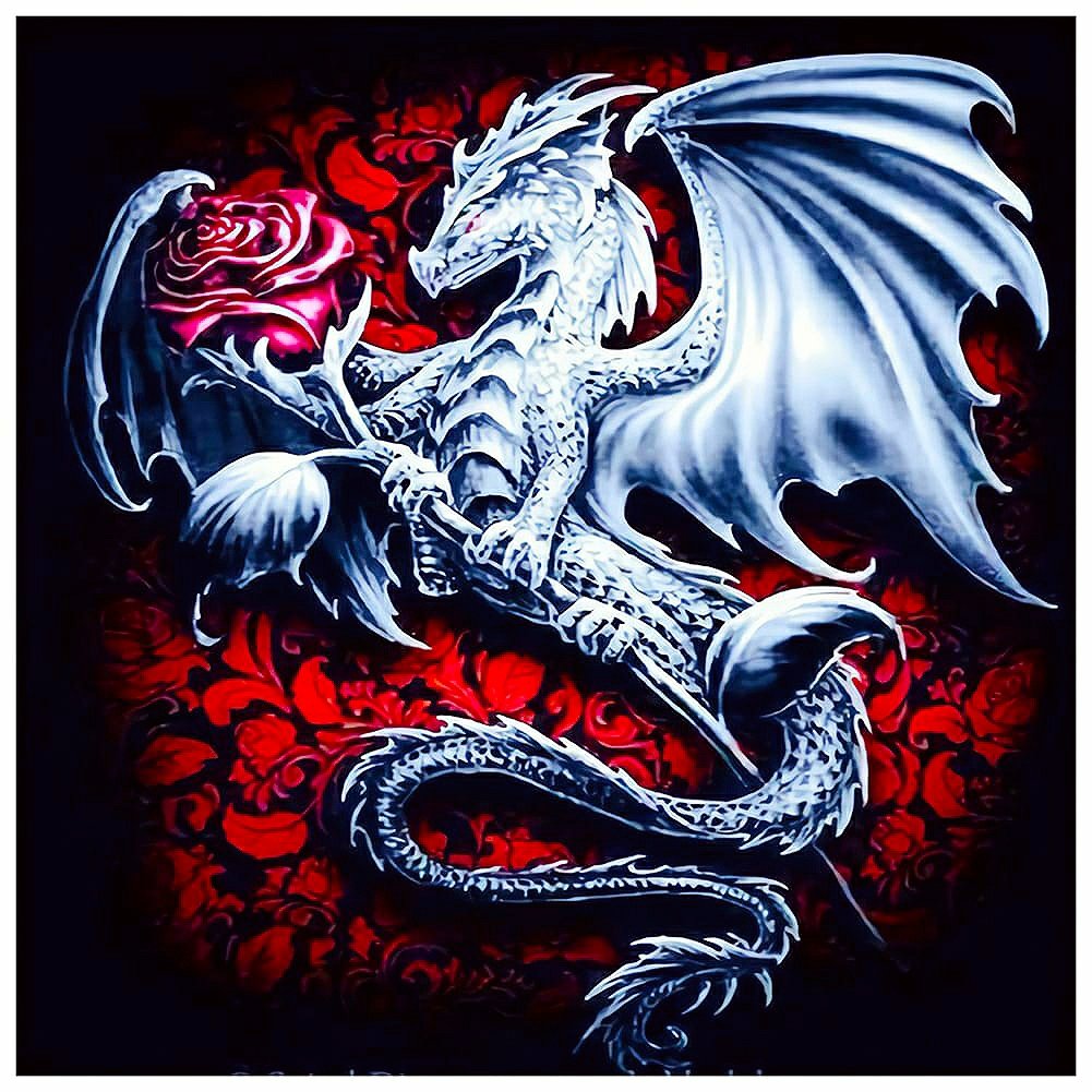 Дракон - голубой дракон, роза, дракон, красный фон - оригинал