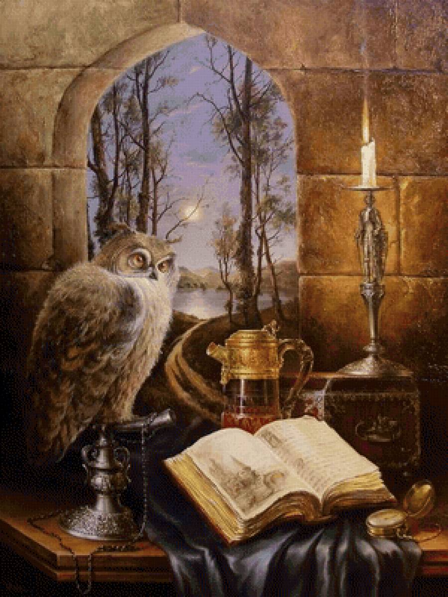 старая книга - сова, замок - предпросмотр