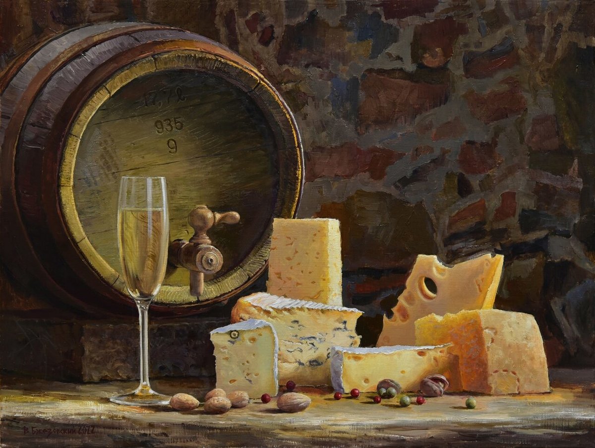 Сырный натюрморт - вино, бокал, картина, сыр - оригинал