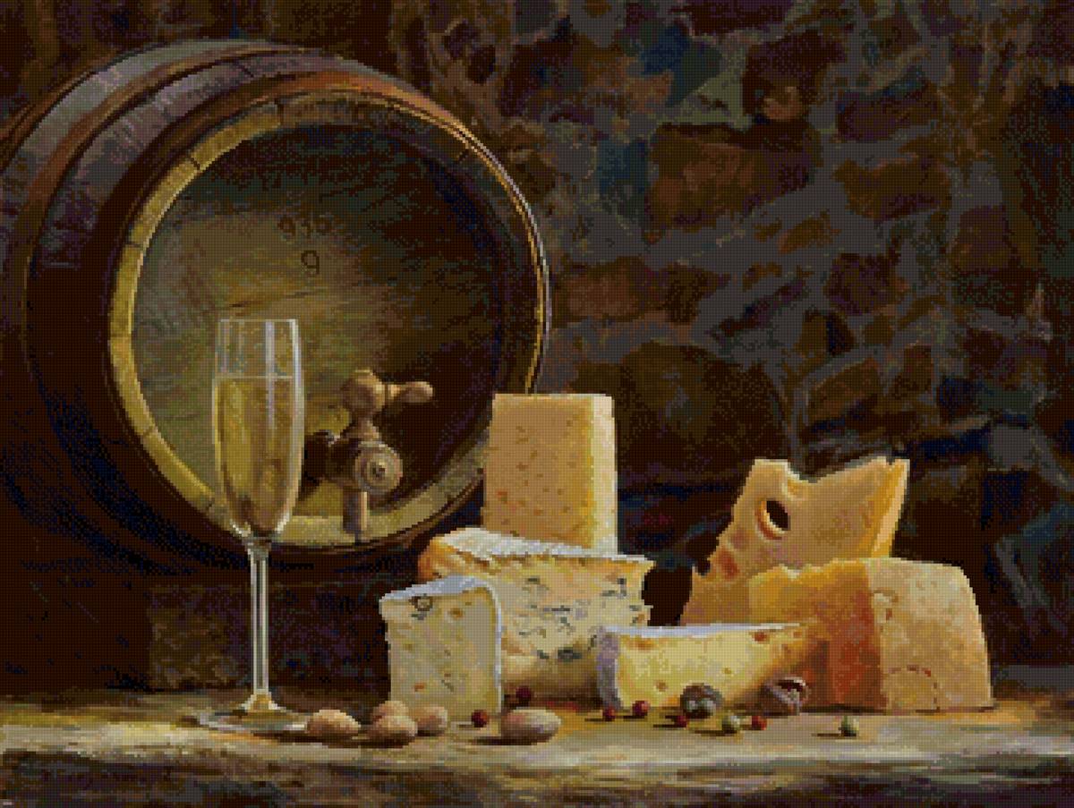 Сырный натюрморт - сыр, вино, картина, бокал - предпросмотр