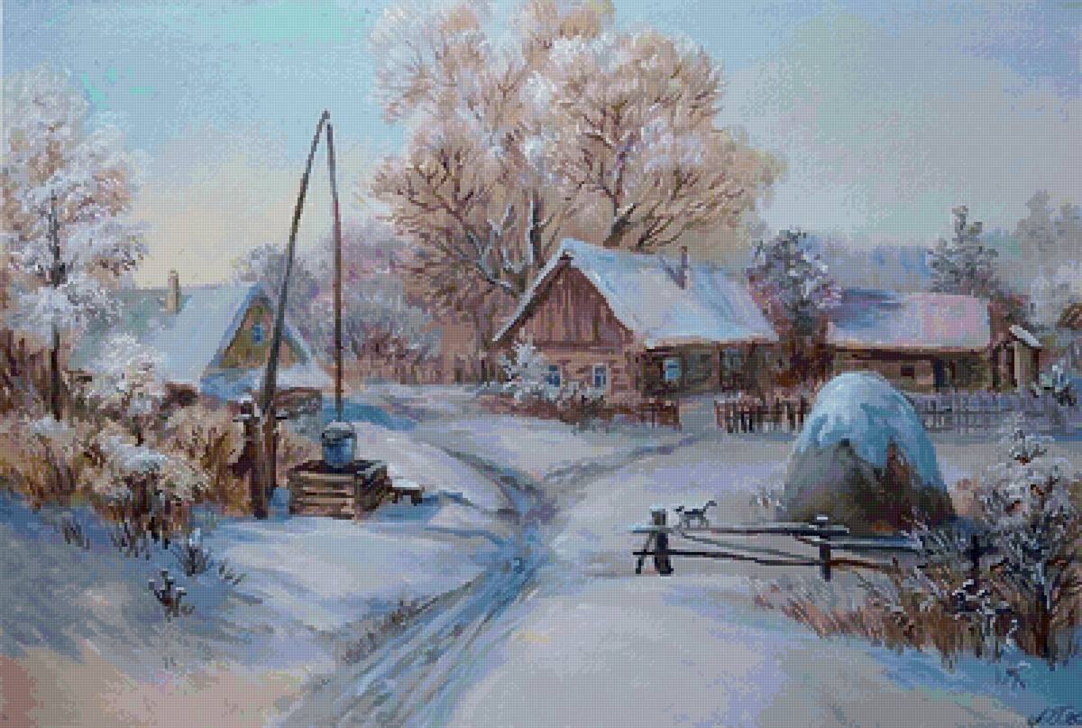 Морозное утро - деревня, мороз, колодец, зима - предпросмотр
