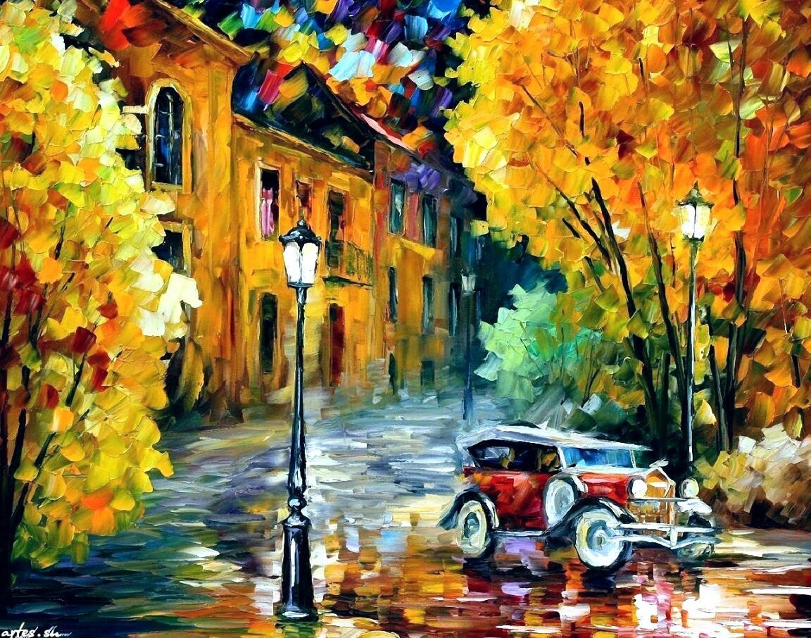 Картина - фонари, ночь, афремов, автомобиль, очень - оригинал