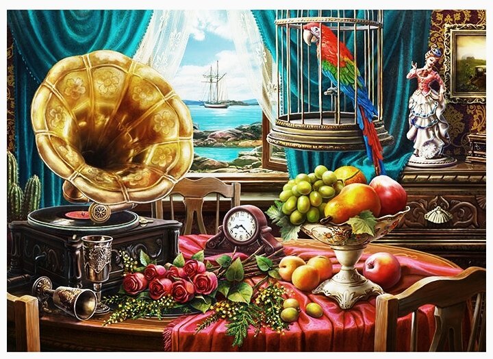 №2622105 - натюрморт, цветы, фрукты, попугай - оригинал