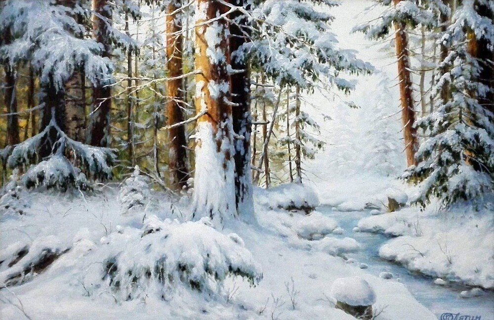 Зимний лес - снег, зима, лес, ручей - оригинал