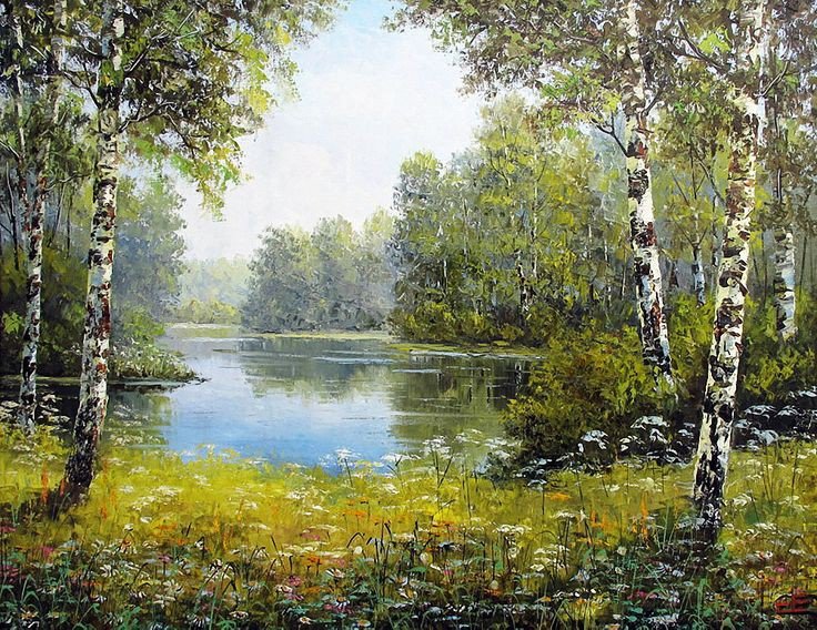 Лето - озеро, березы, лес - оригинал