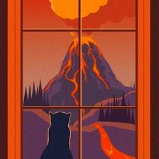 кот смотрит на вулкан