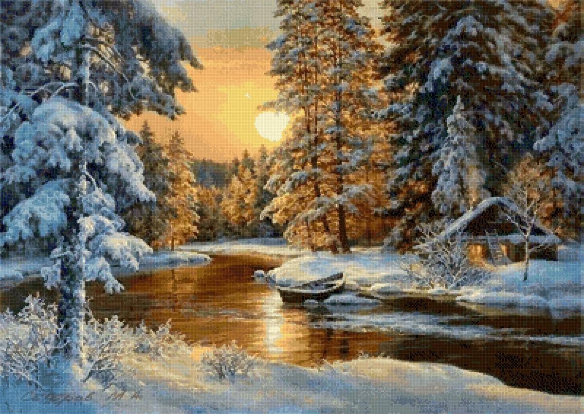 зимен залез - зима река - предпросмотр